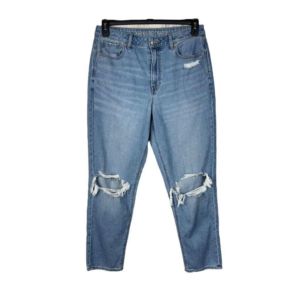 American Eagle SZ 10 Mom Jeans Distressed Rips Hi-Rise Zip-Fly Medium Wash Blue